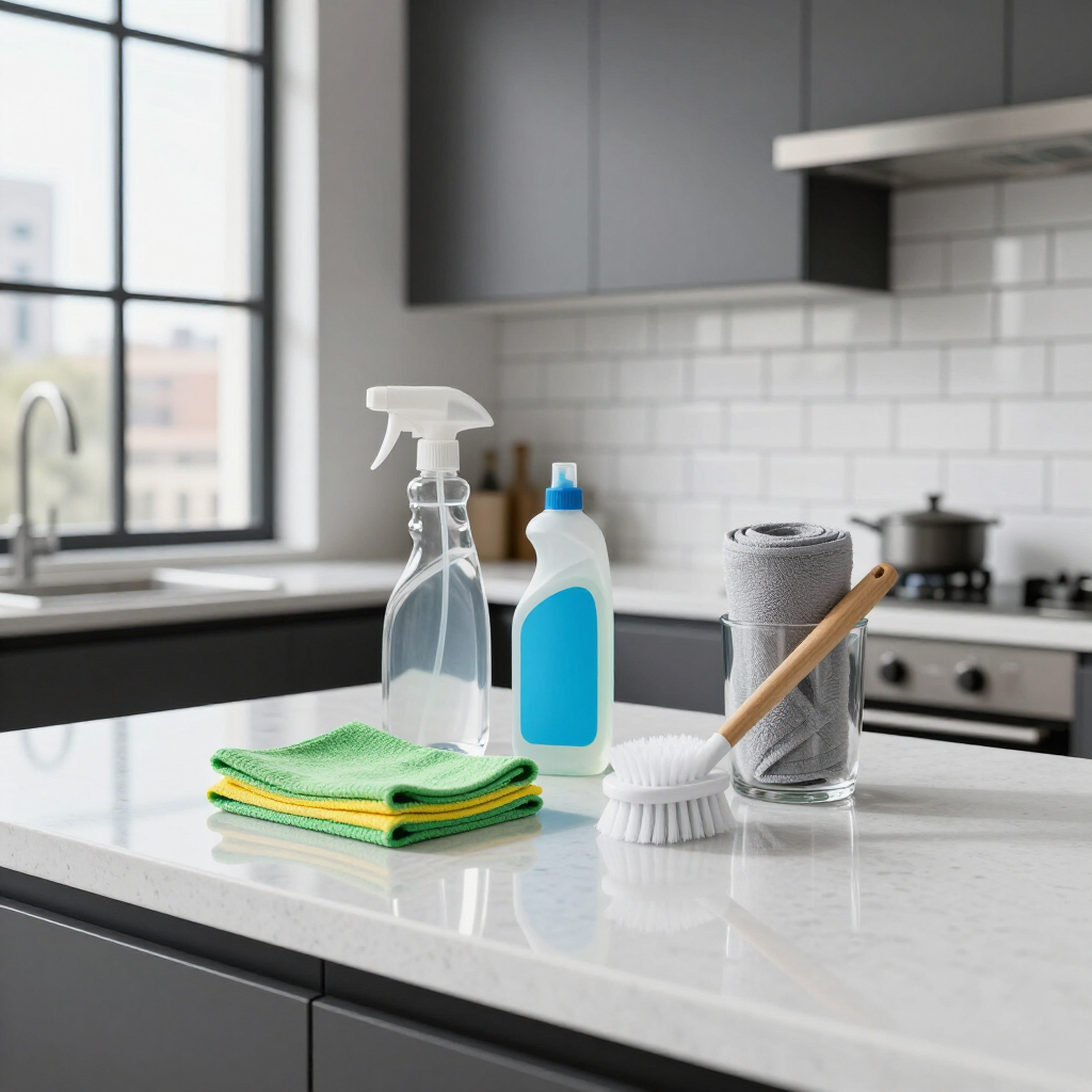 Cleaning supplies on a kitchen counter beside a sink and stove