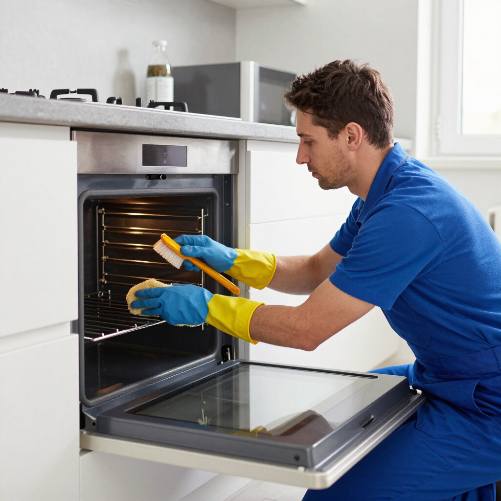 Person cleaning an oven with gloves and a sponge in a modern kitchen