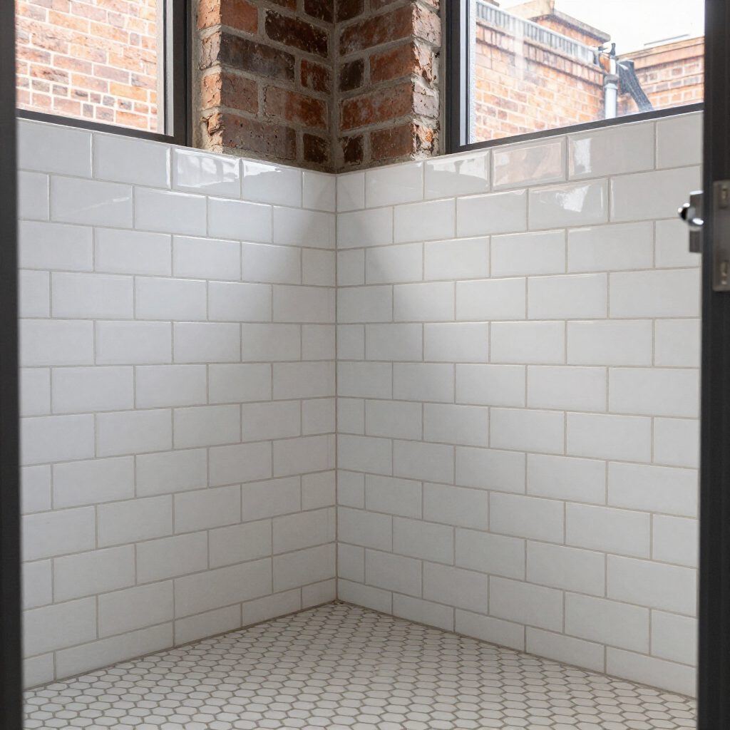 Empty tiled shower stall with white subway walls and patterned floor, under a brick-framed opening