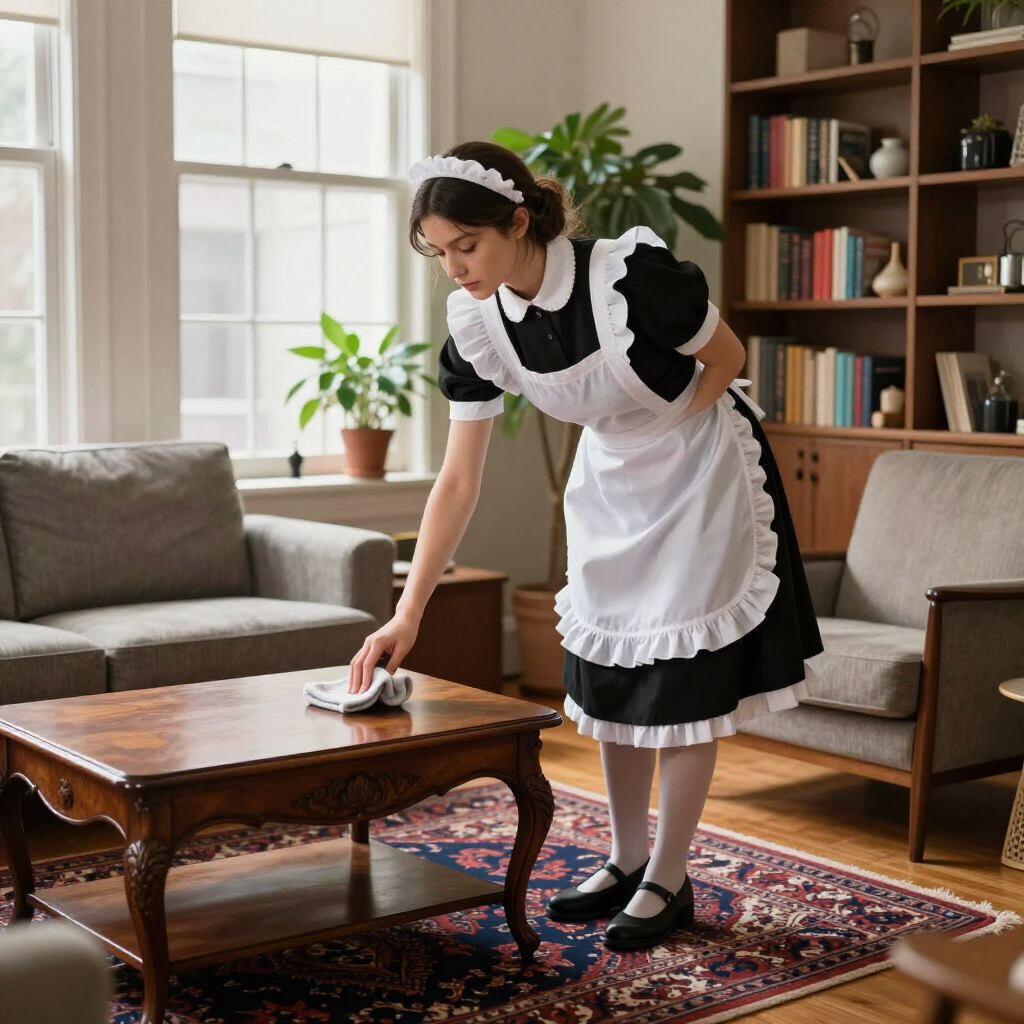 Maid in black-and-white uniform dusting a coffee table in a bright living room
