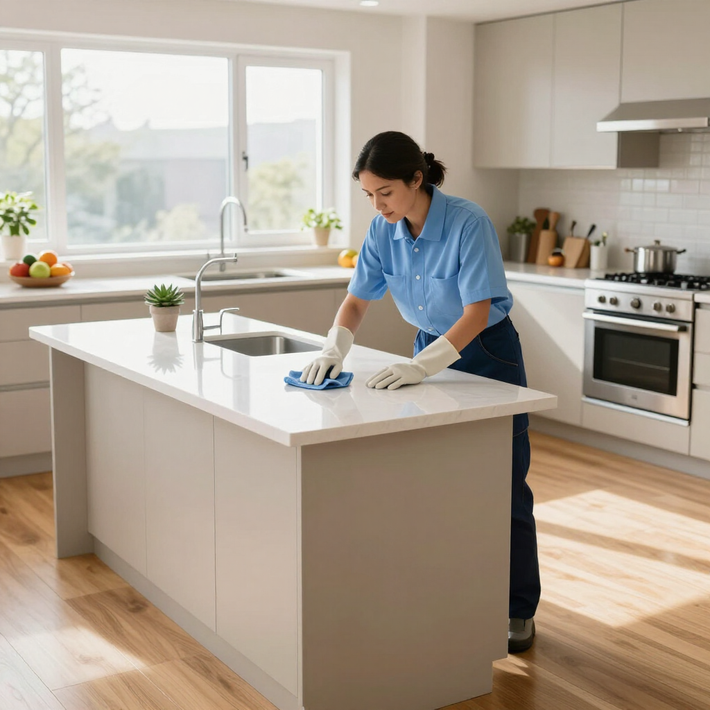 Person cleaning a bright kitchen island with a cloth and spray bottle.