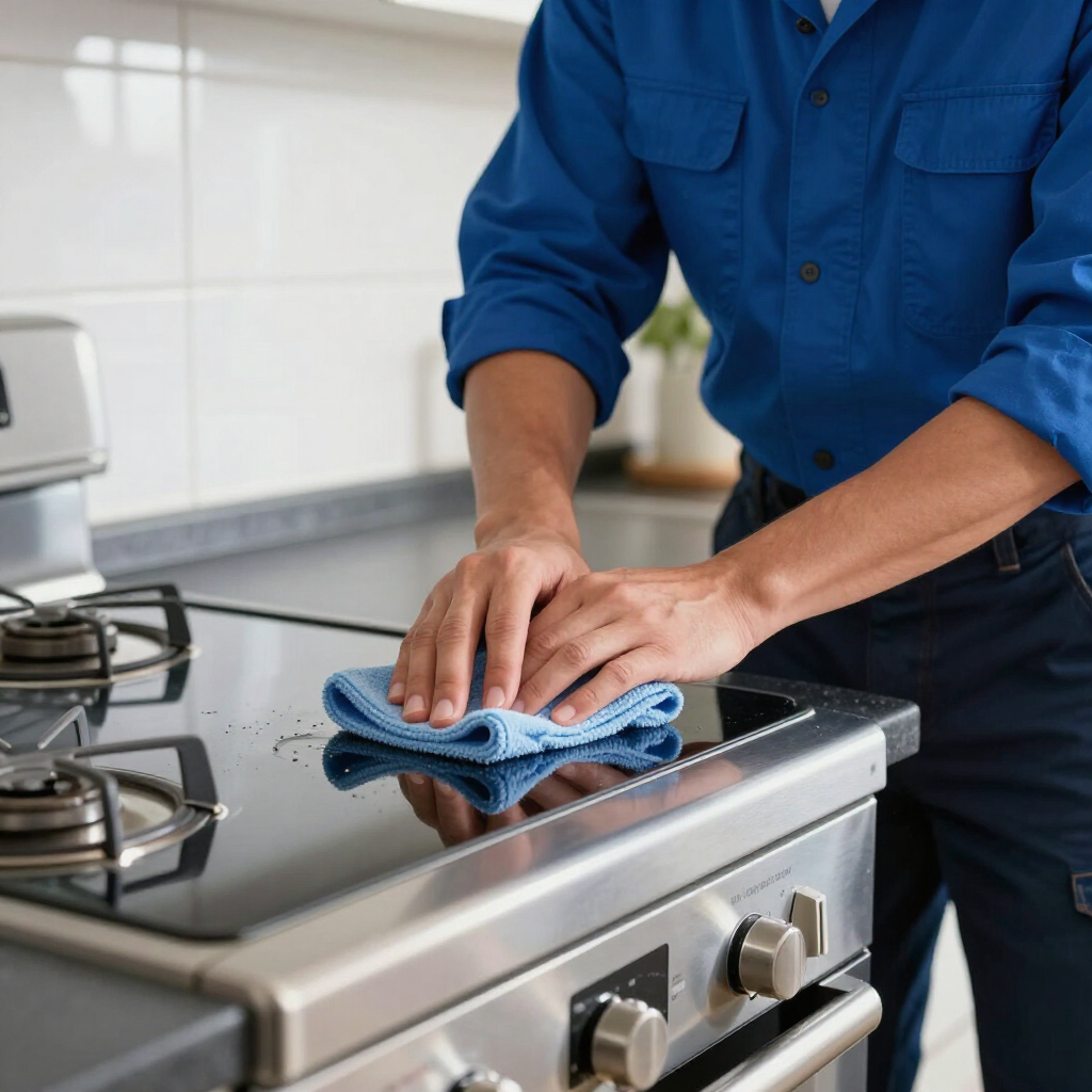 Person cleaning a stainless steel stove with a blue cloth in a kitchen