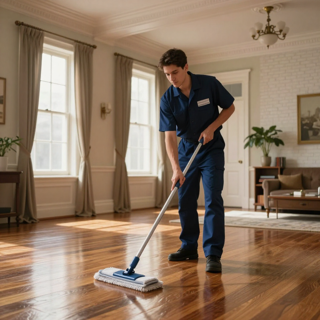 Worker mopping a polished wooden floor in a bright living room