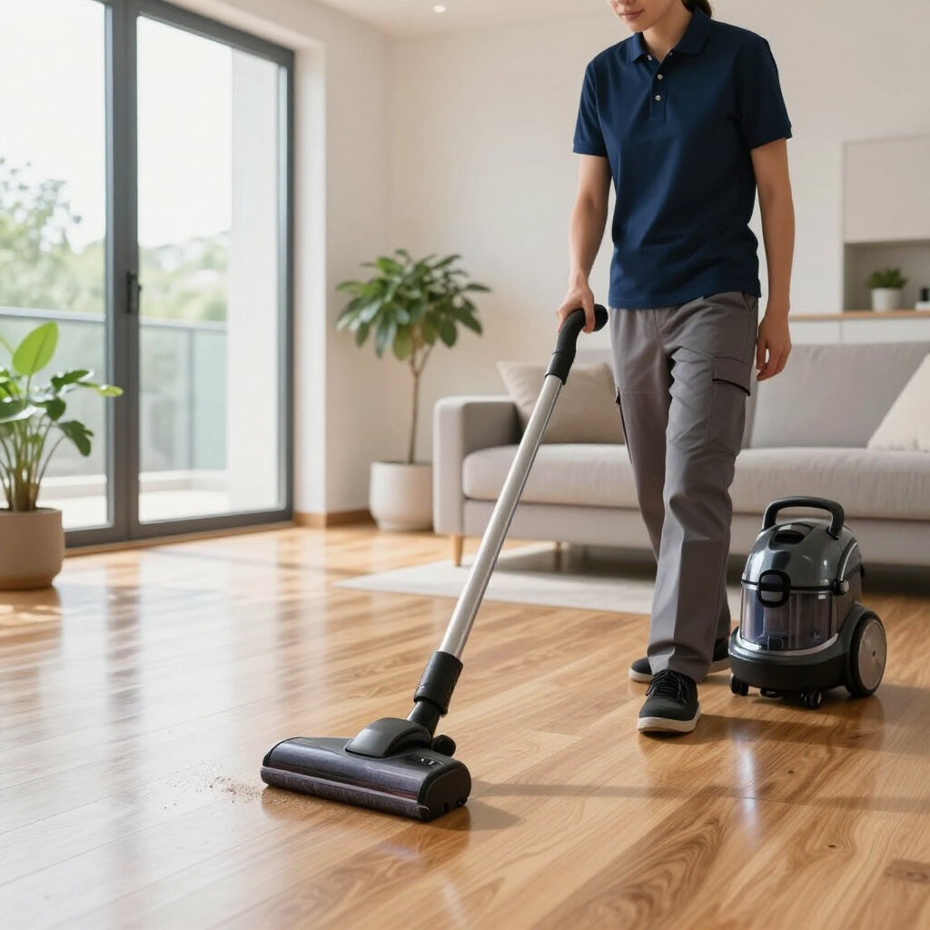 Man vacuuming a hardwood floor in a bright living room, with a canister vacuum nearby