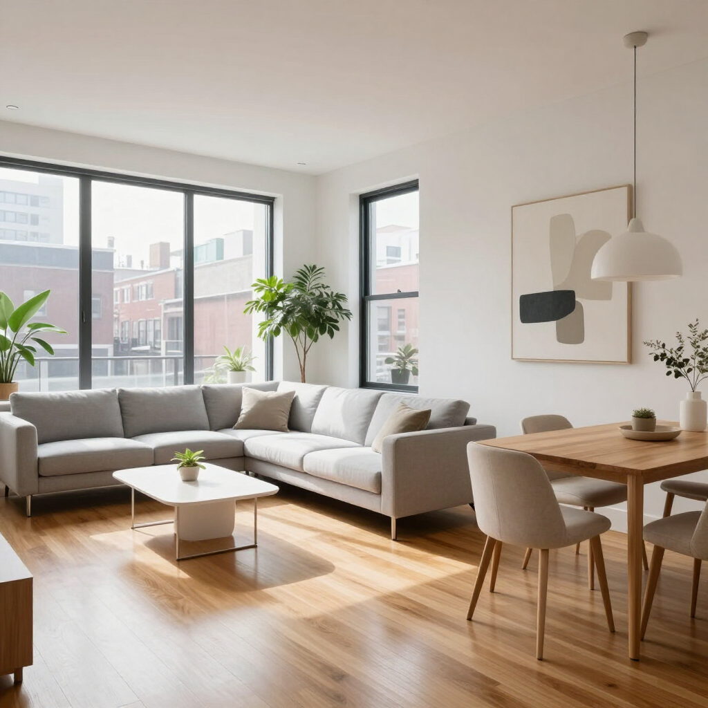 Bright modern living-dining room with gray sectional sofa, wooden table, plants, and large windows