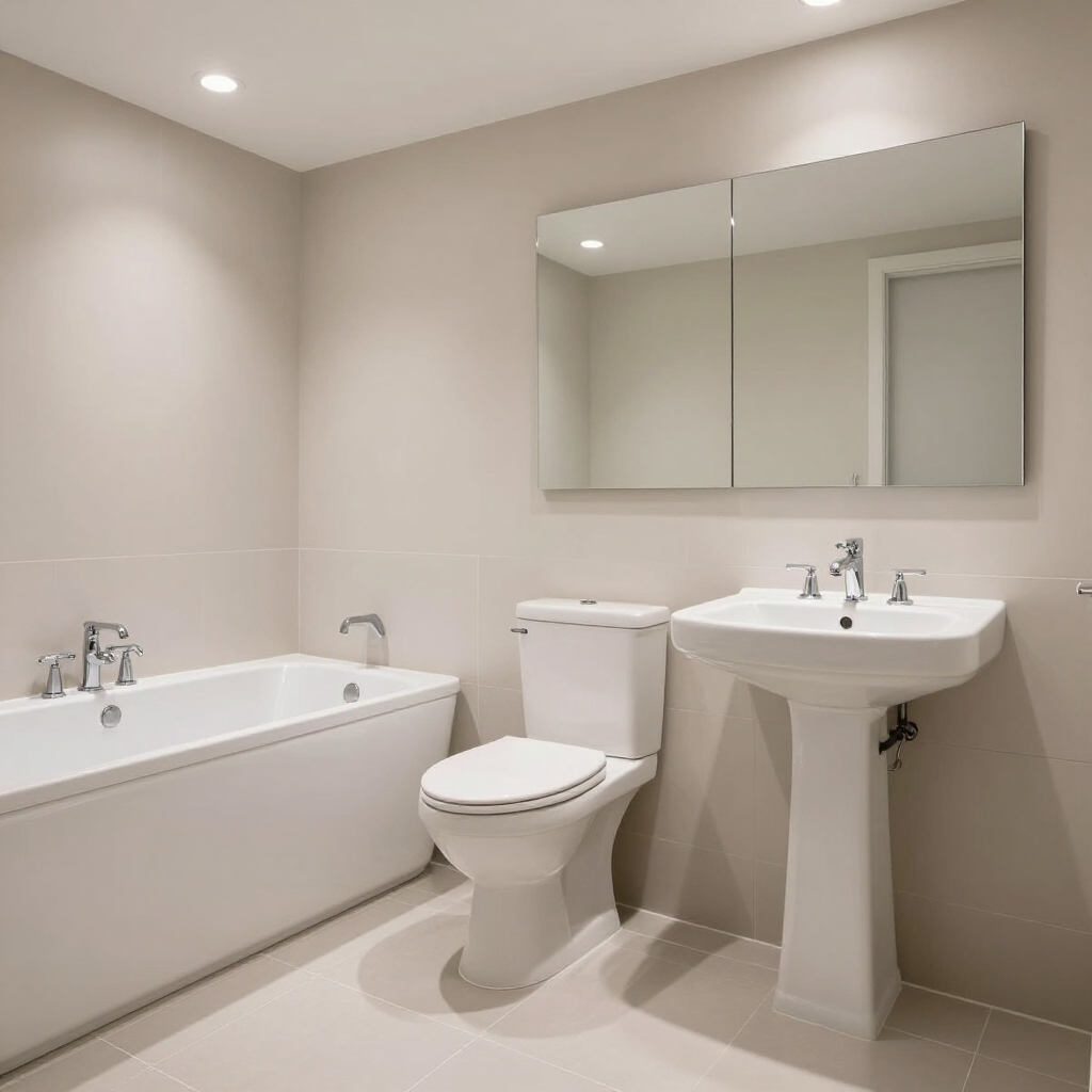 Modern white bathroom with bathtub, toilet, pedestal sink, and large mirror