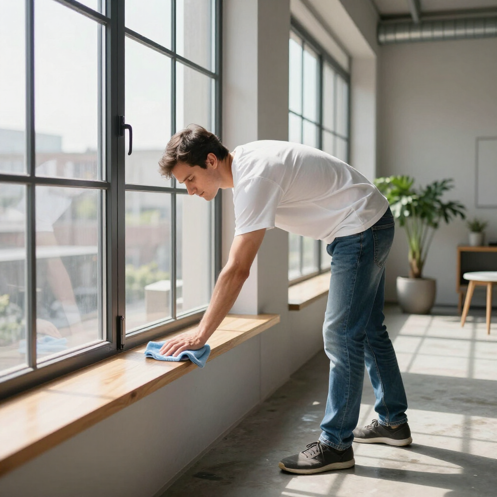 Person wiping a sunlit window ledge with a blue cloth in a bright room