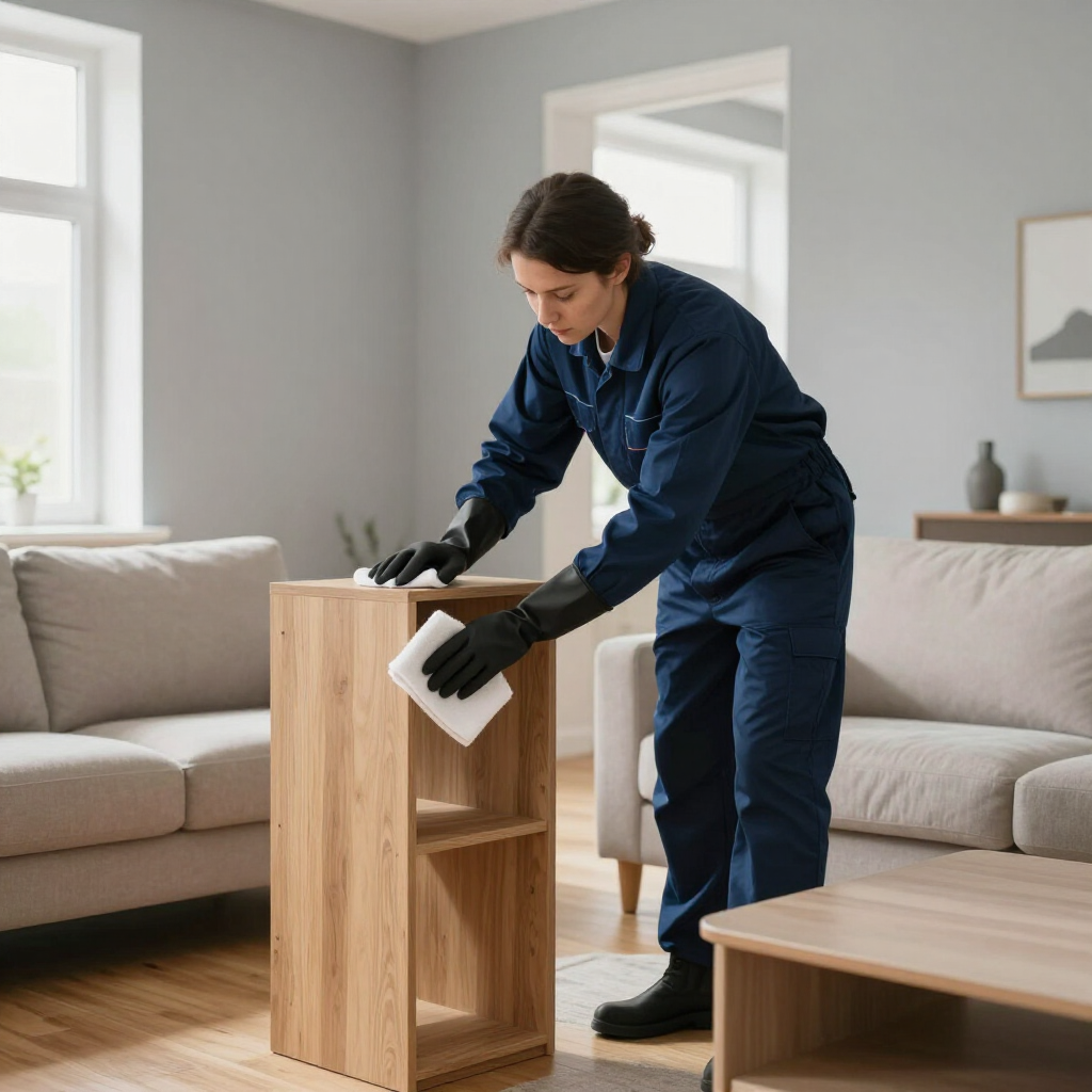 Person in navy workwear cleaning a wooden cabinet in a bright living room