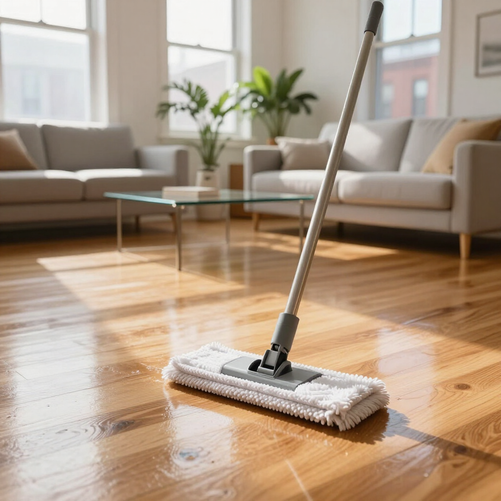 Mop cleaning a sunlit hardwood floor in a bright living room