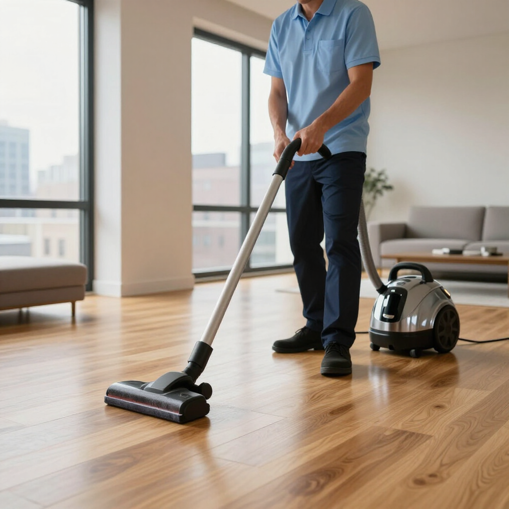 Person vacuuming a hardwood floor in a bright living room