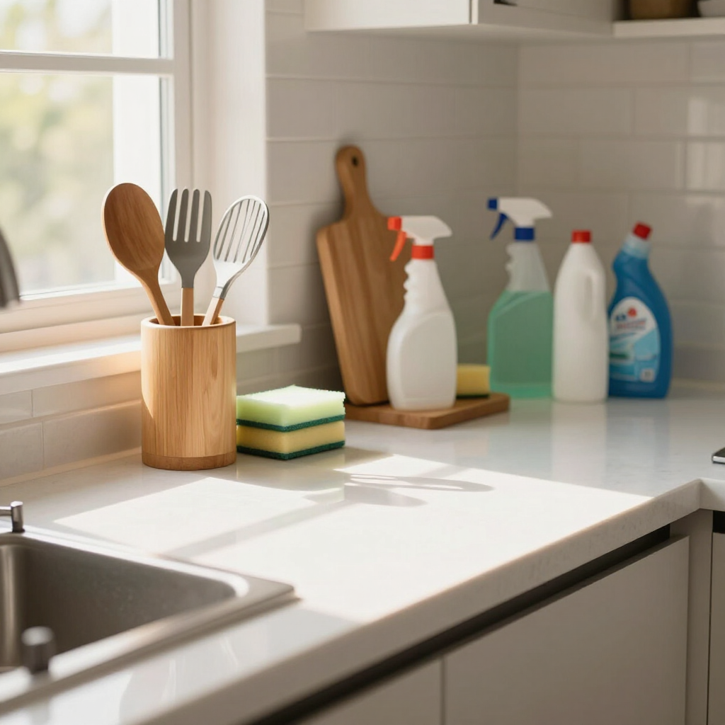 Sunlit kitchen sink with dish brush holder, sponges, cutting board, and cleaning spray bottles on the counter