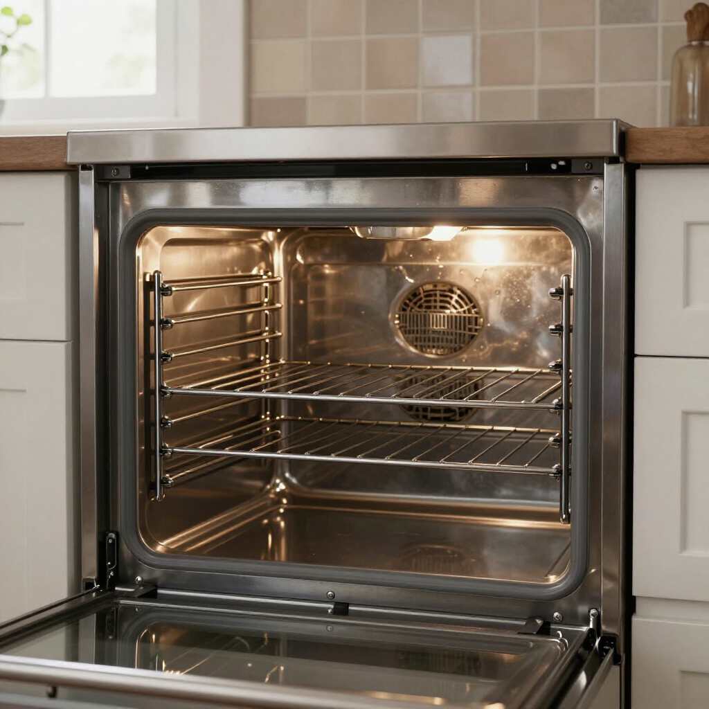 Open stainless steel oven with interior racks and light on in a kitchen