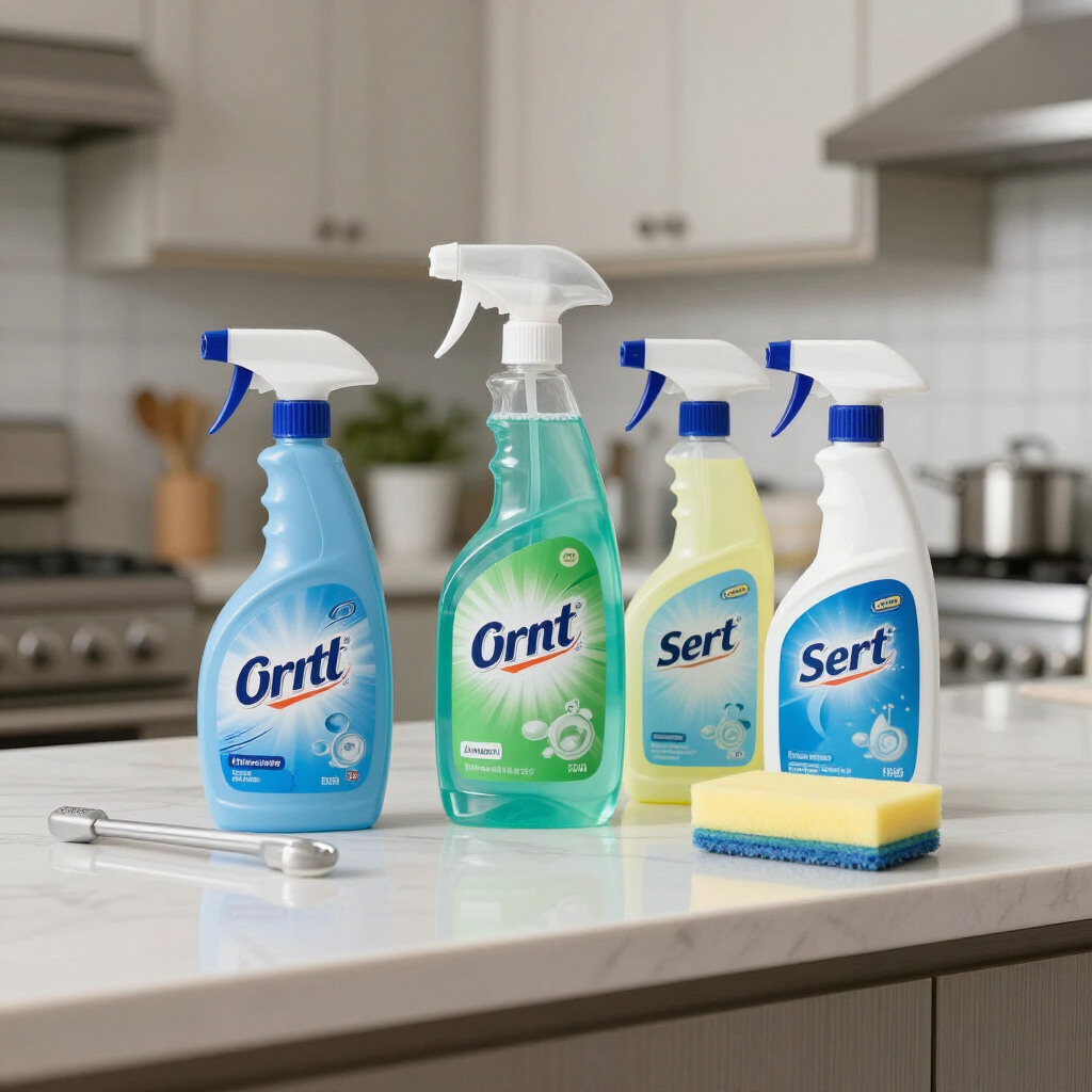 Cleaning products and sponge on a kitchen counter, with spray bottles in blue, green, and white.