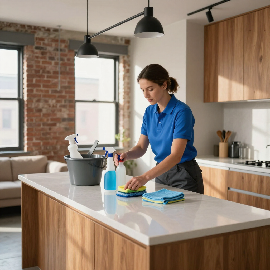 Woman cleaning a kitchen island with spray bottle and cloth in a modern apartment kitchen