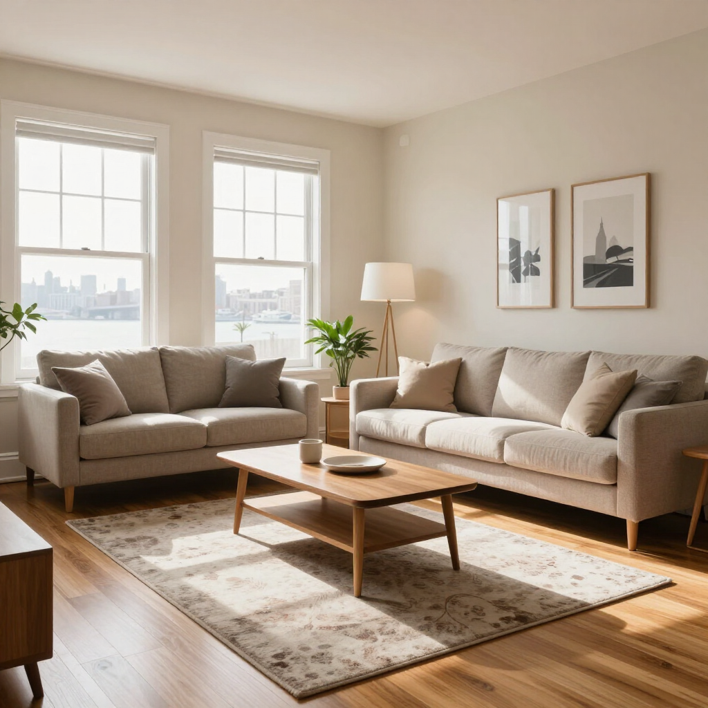 Bright living room with two beige sofas, wooden coffee table, rug, floor lamp, and large windows.