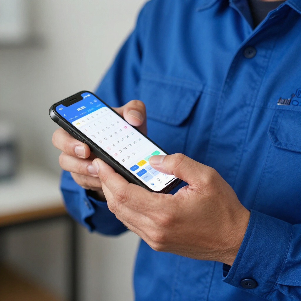 Person in a blue uniform using a smartphone with a calendar app open
