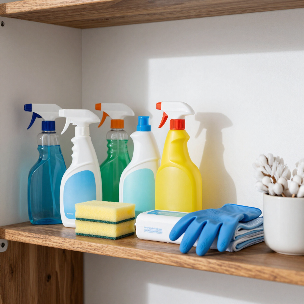 Cleaning supplies on a wooden shelf: spray bottles, sponges, gloves, and cloths in a bright room