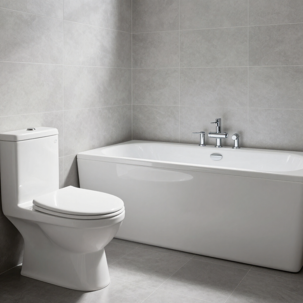 Modern bathroom with a white toilet and bathtub against gray tiled walls