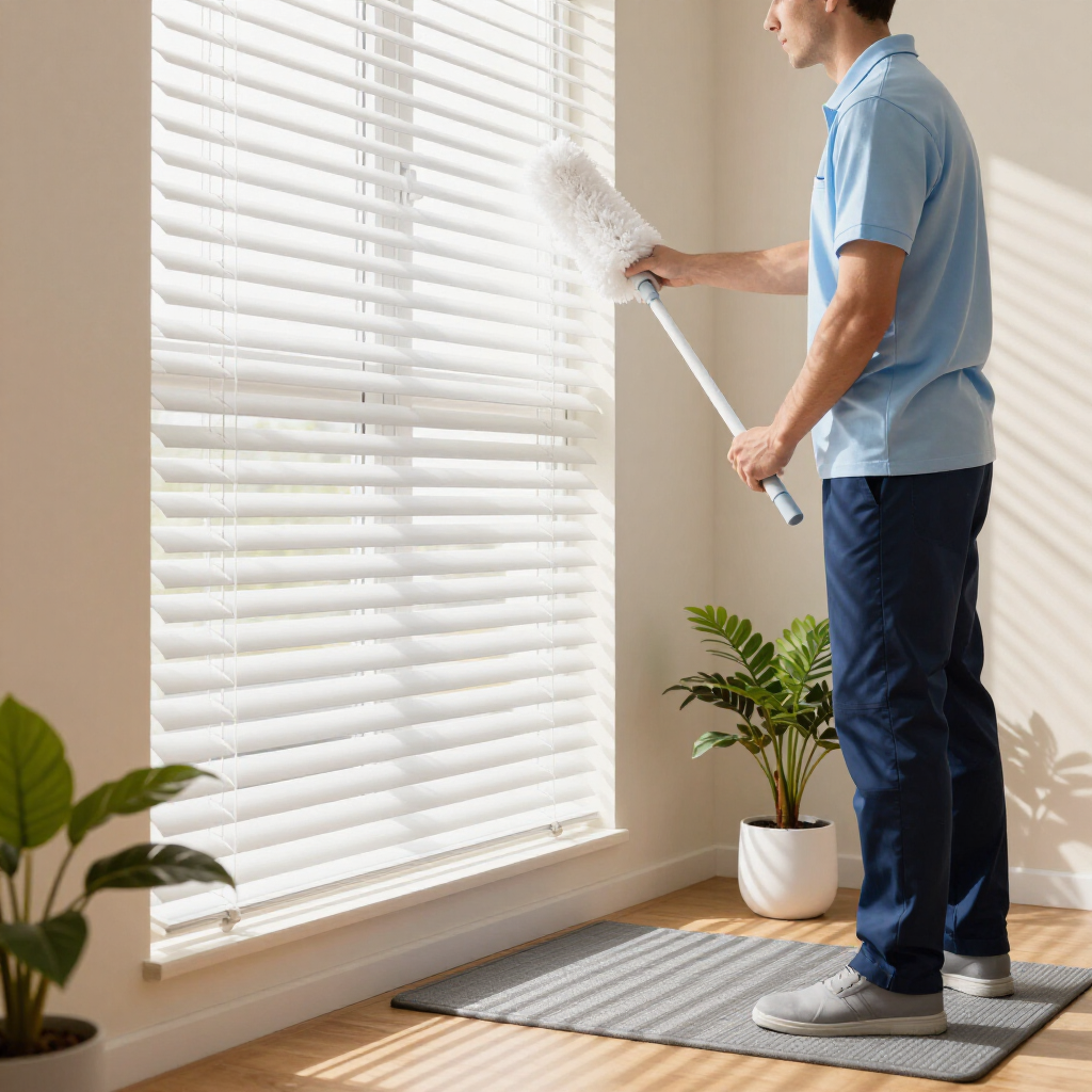 Person dusting white blinds beside a bright window in a potted plant-lined room