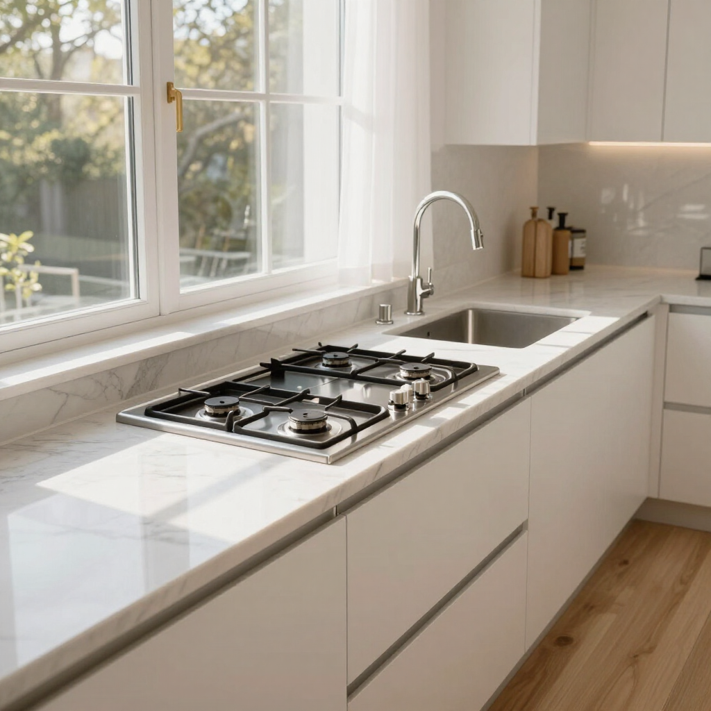 Bright modern kitchen countertop with stainless steel sink, gas cooktop, and window light