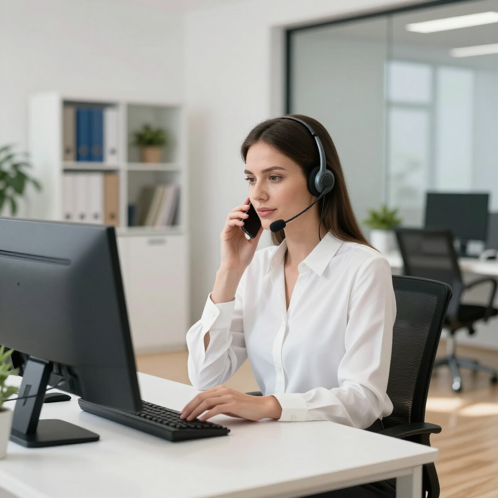 Woman in a white blouse wearing a headset, working at a desk in an office and speaking into a phone