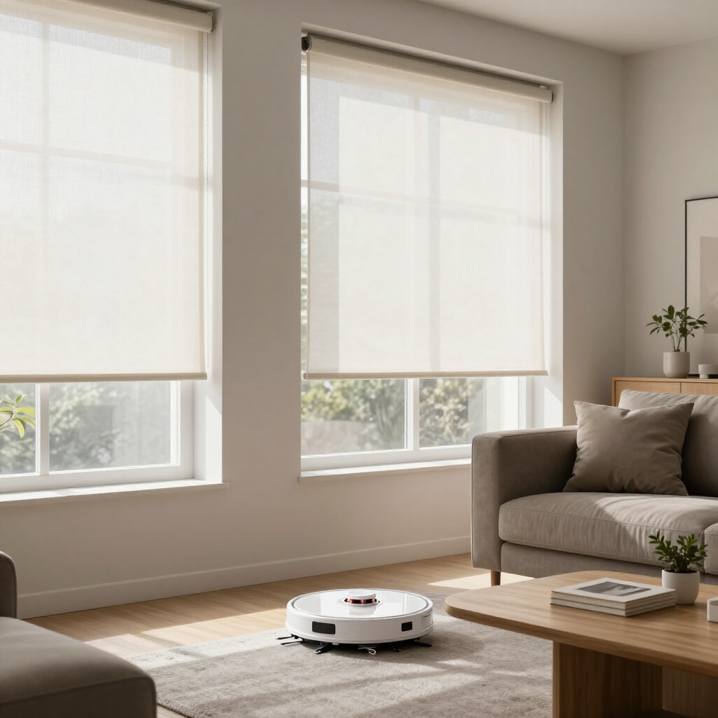 Bright living room with a robot vacuum cleaning a rug beside a sofa and coffee table.
