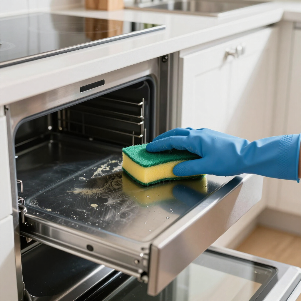 Blue-gloved hand wiping crumbs from a stainless-steel oven door with a sponge