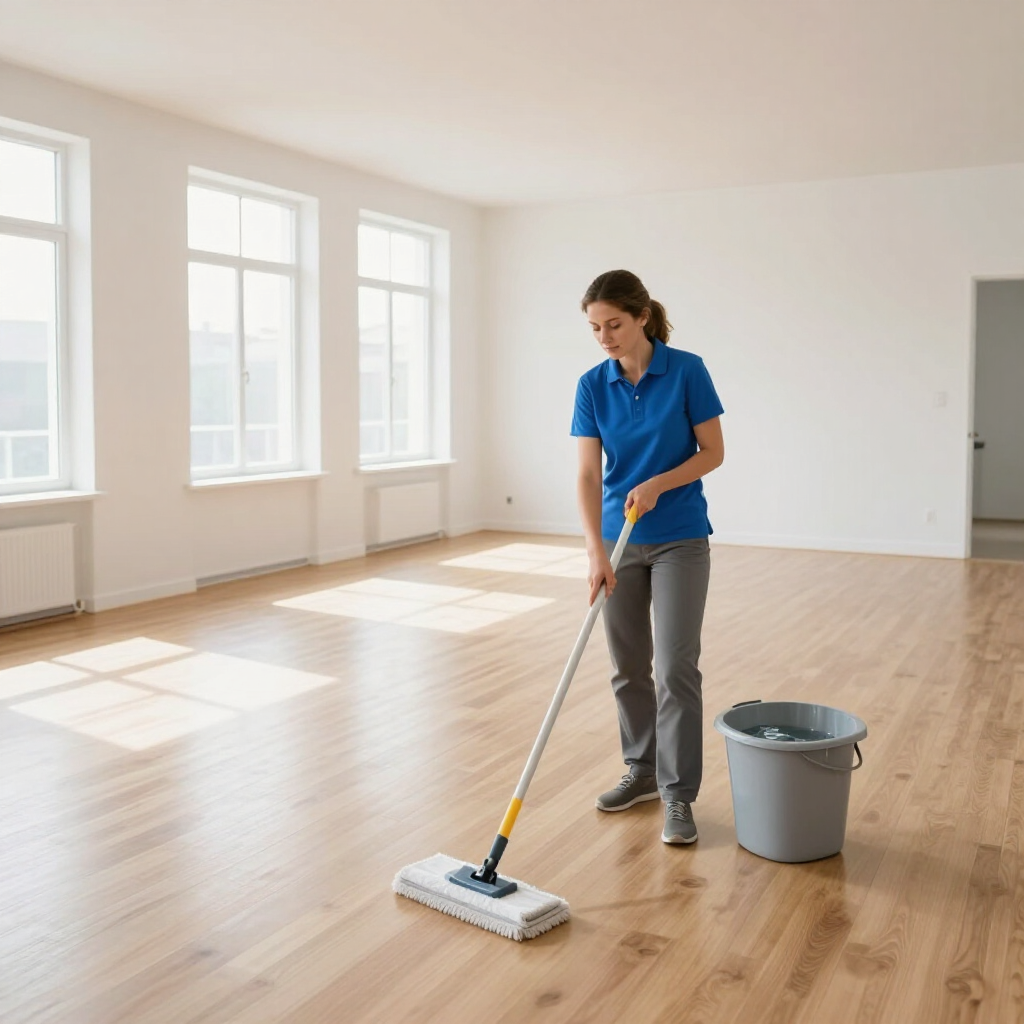 Person mopping a bright empty room with a wooden floor and bucket nearby