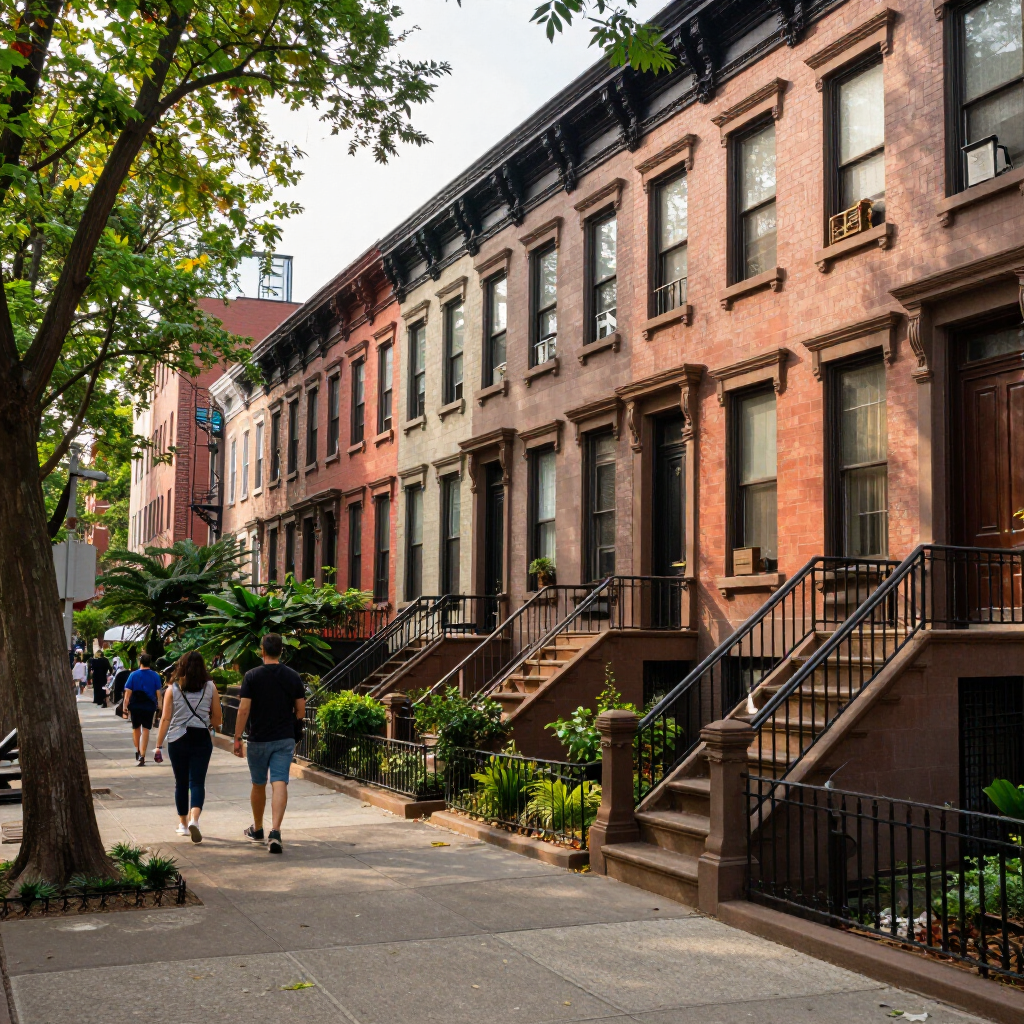 Tree-lined city sidewalk beside brownstone row houses with people walking