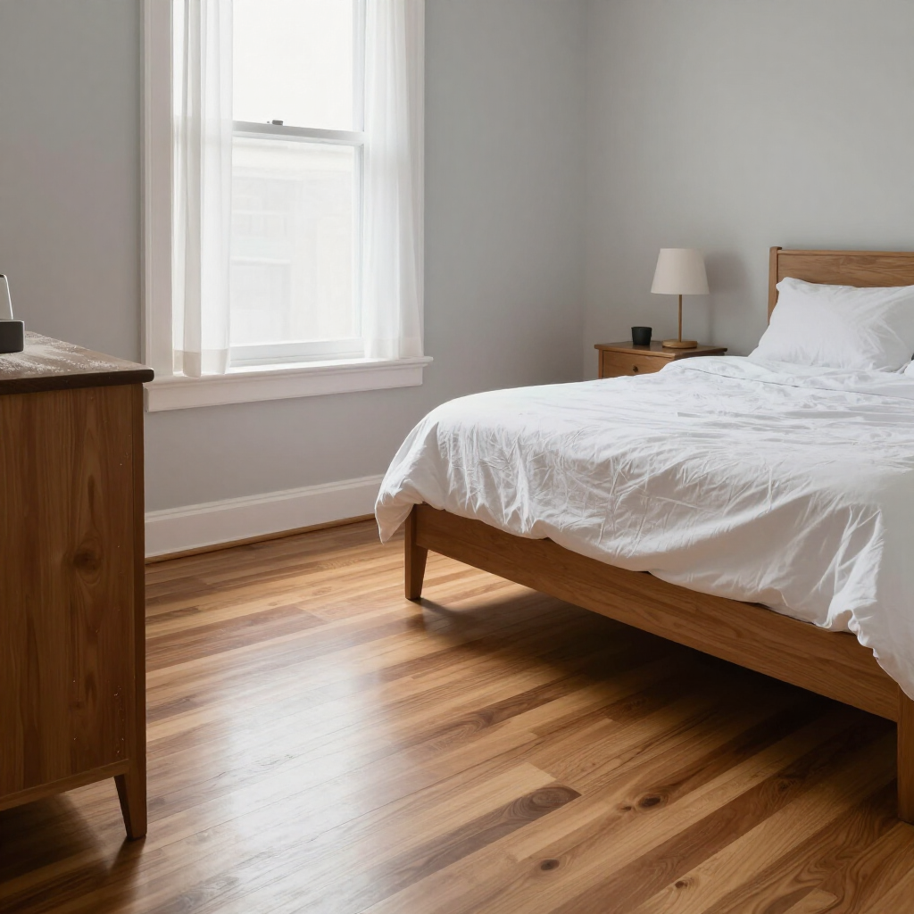 Bright bedroom with a wooden bed, white bedding, a nightstand, and sunlight from a window onto hardwood floors