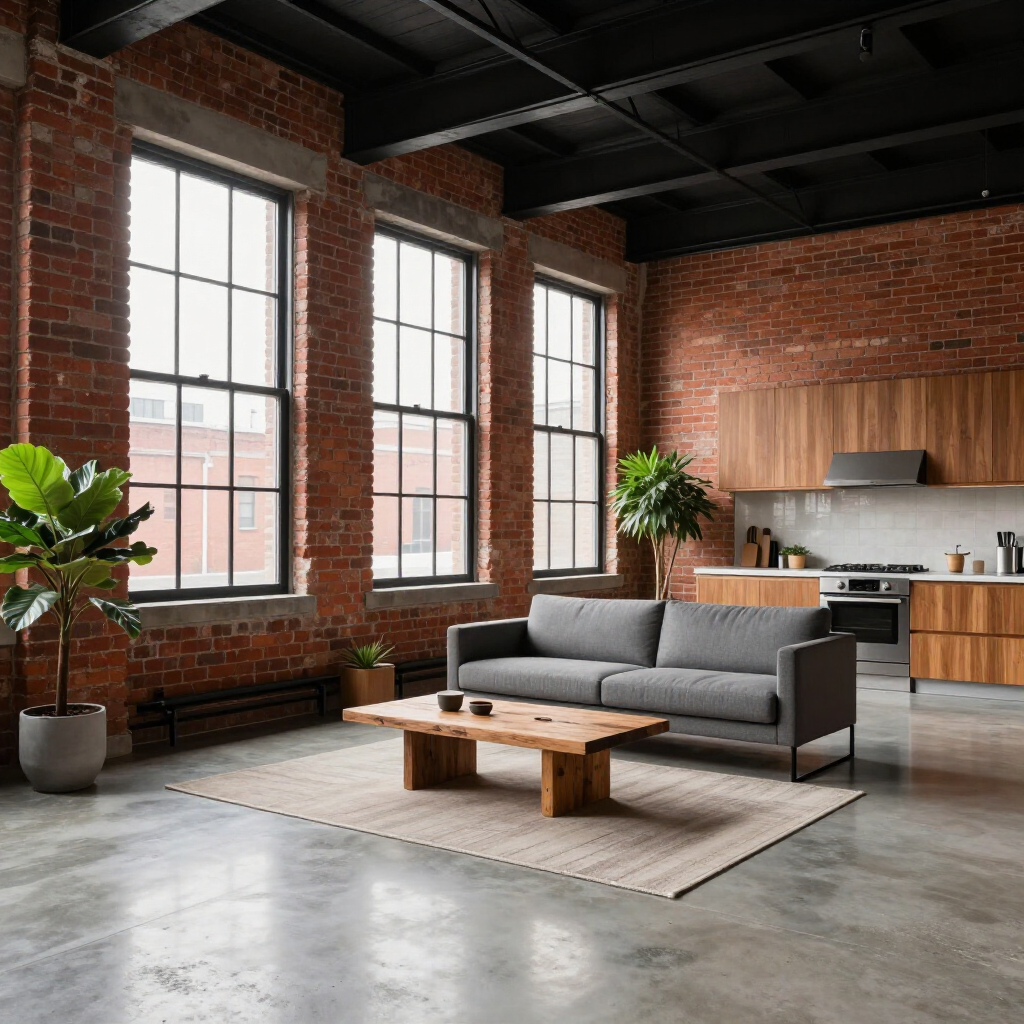 Modern loft living room with gray sofa, wooden coffee table, large windows, and exposed brick walls