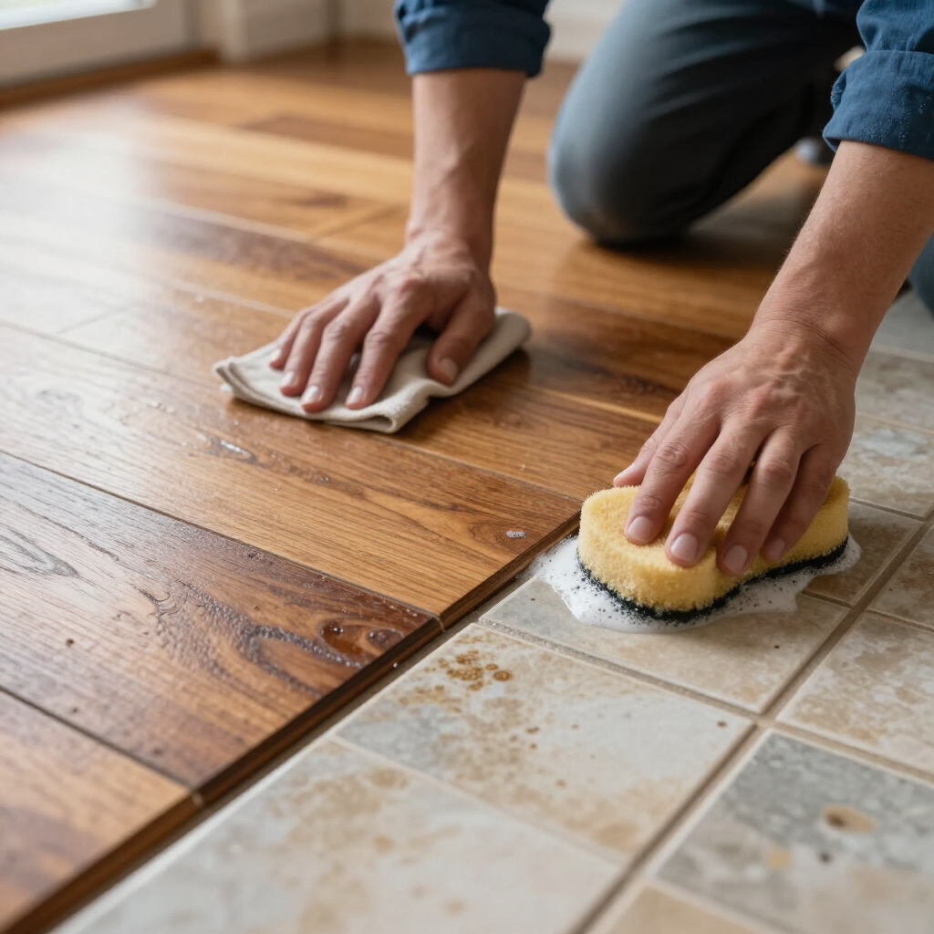 Hands cleaning a wooden floor and tiled edge with cloths and a sponge