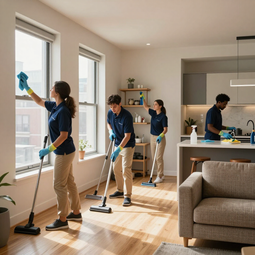 Cleaning crew vacuuming and dusting a bright living room with large windows and wood floors