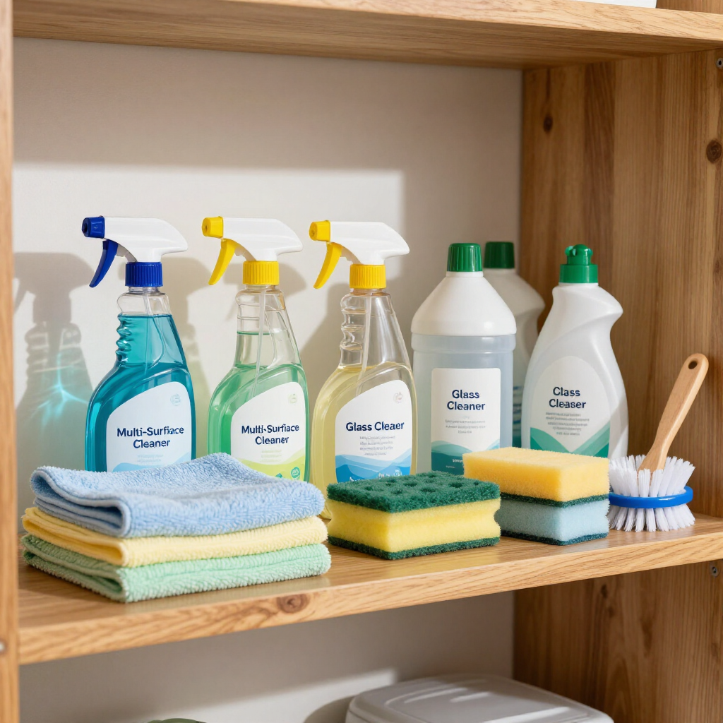 Cleaning supplies and sponges organized on wooden shelves in a kitchen or utility cabinet.