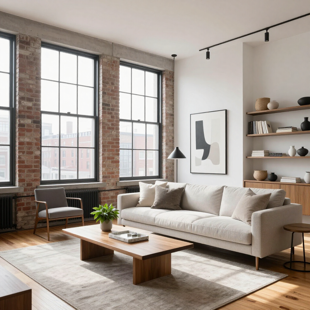 Bright modern living room with large windows, beige sofa, wooden coffee table, and wall shelves