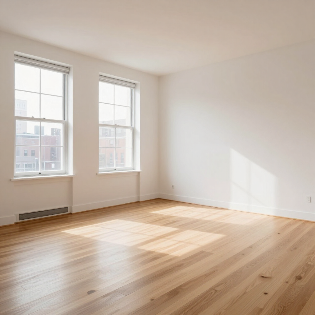 Empty sunlit room with hardwood floors, two tall windows, and white walls