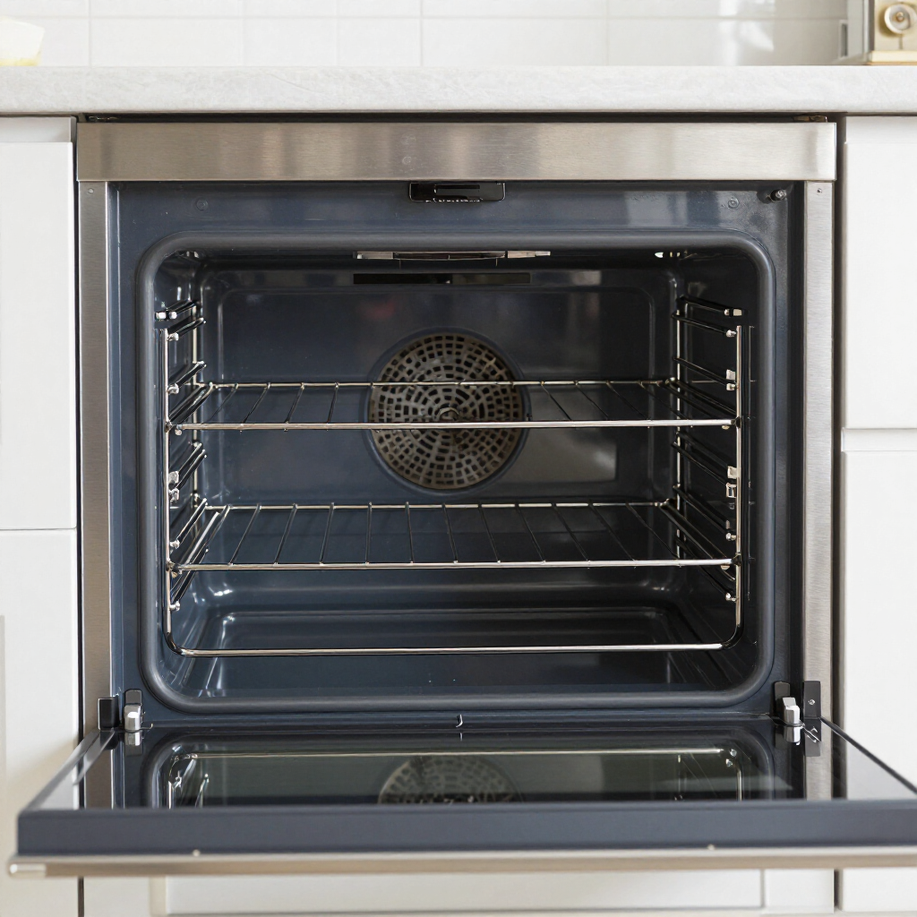 Open stainless steel oven with door down, showing empty racks and interior fan.