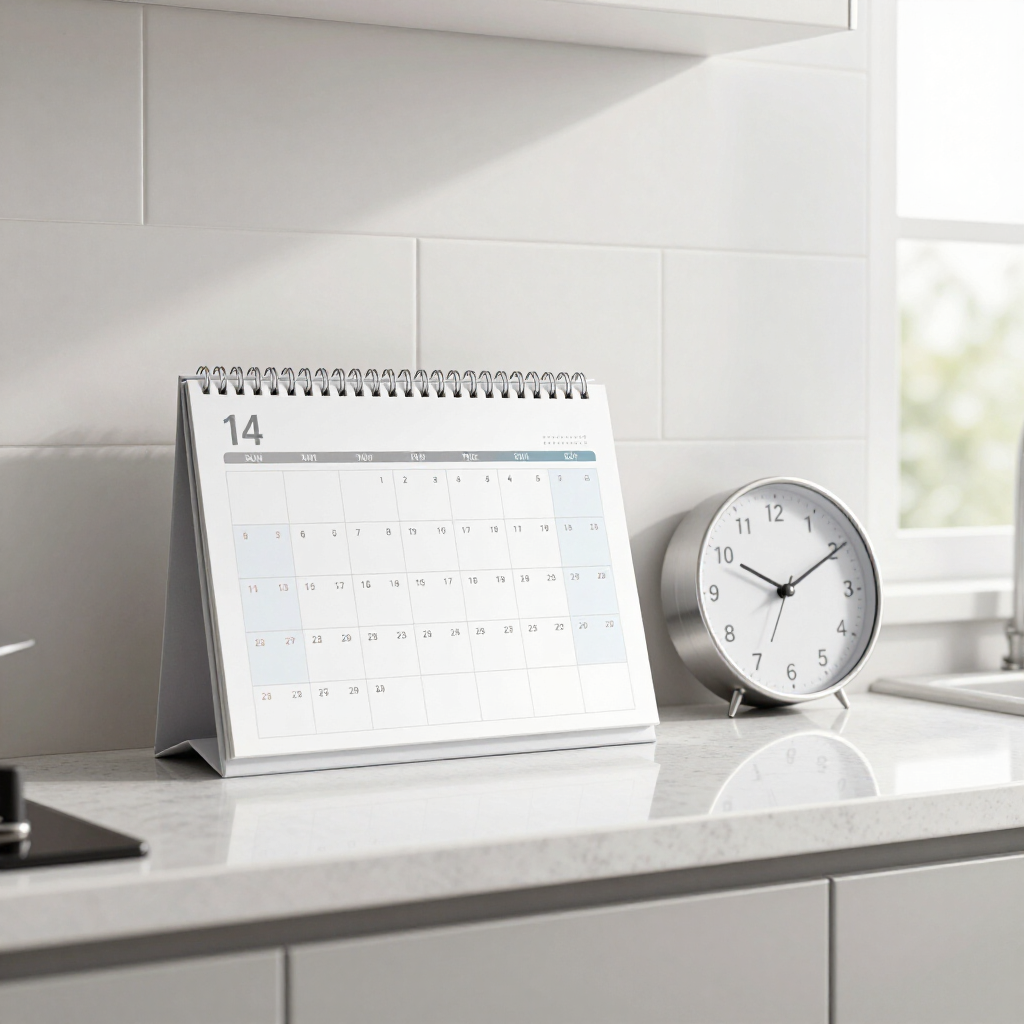 Desk calendar and white clock on a bright office desk near a window.