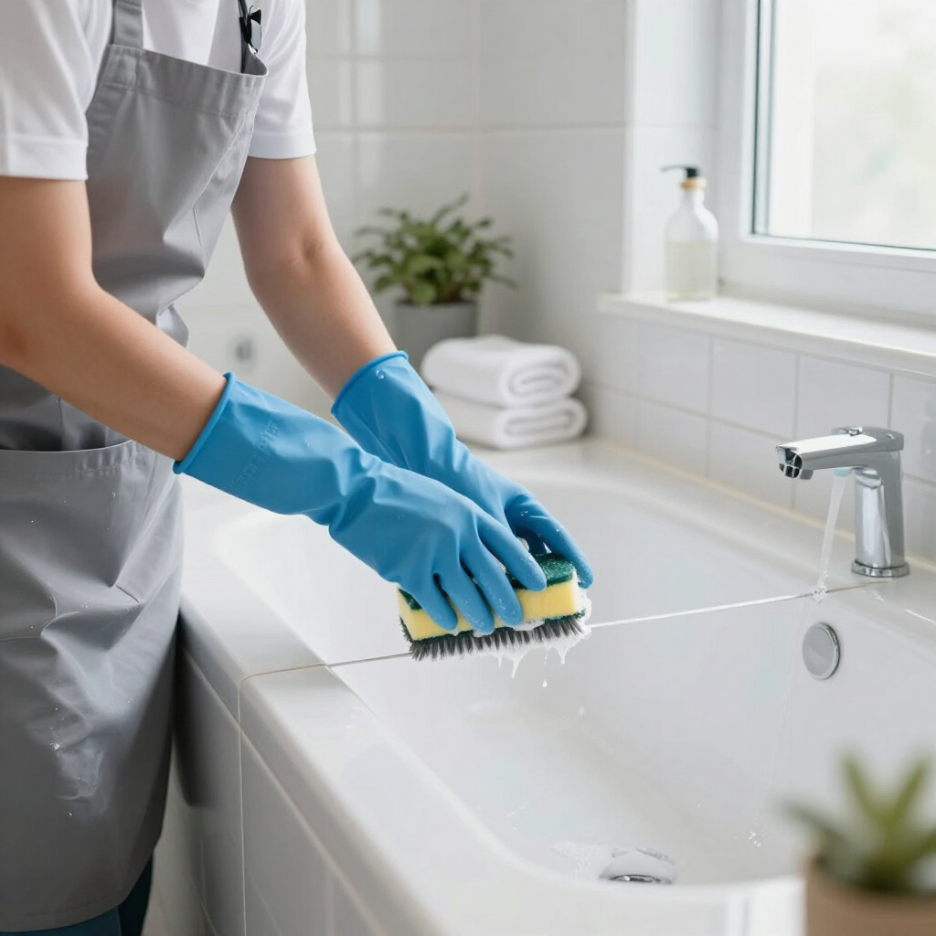 Person cleaning a white bathroom sink with blue gloves and a scrub brush