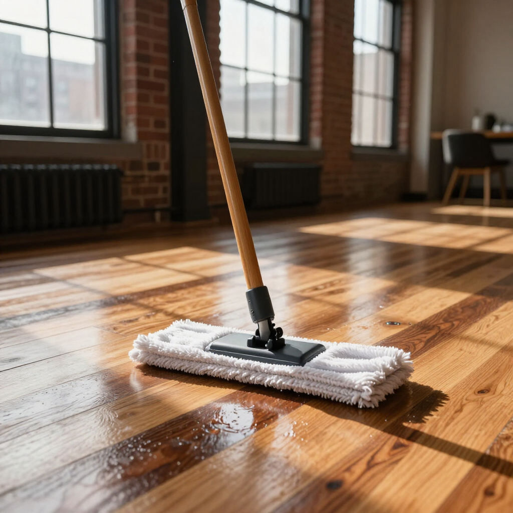 Mop cleaning a sunlit hardwood floor in a loft-style room with windows and brick walls