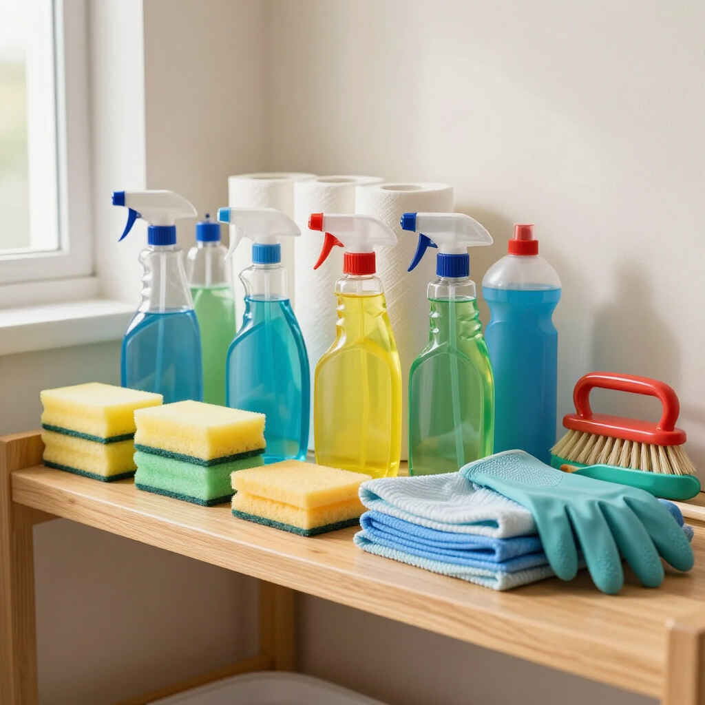 Cleaning supplies and sponges arranged on a wooden table beside a window.
