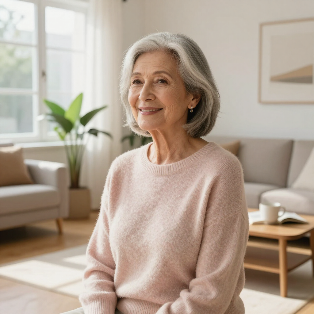 Smiling woman in a pale pink sweater seated in a bright living room