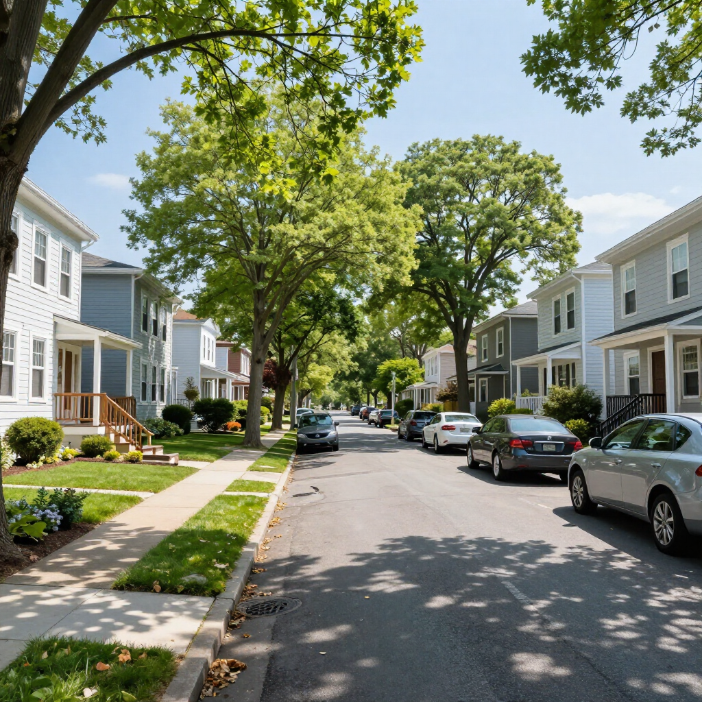 Tree-lined residential street with white houses, parked cars, and dappled sunlight on the road.