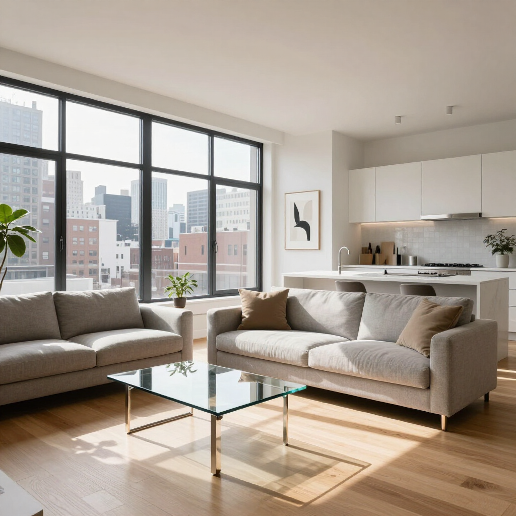 Bright modern living room with two beige sofas, glass coffee table, and large city-view windows