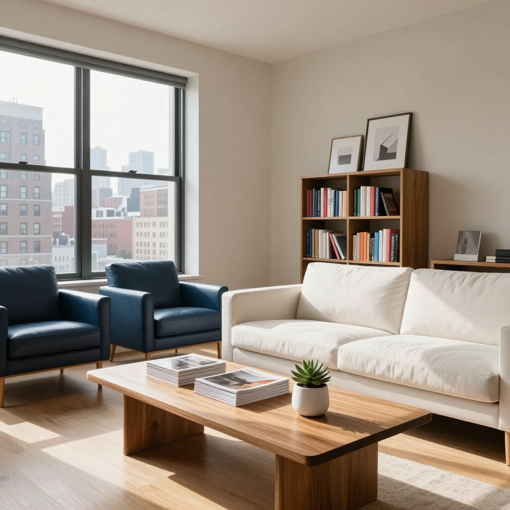 Bright living room with white sofa, navy chairs, wooden coffee table, bookshelf, and large window city view