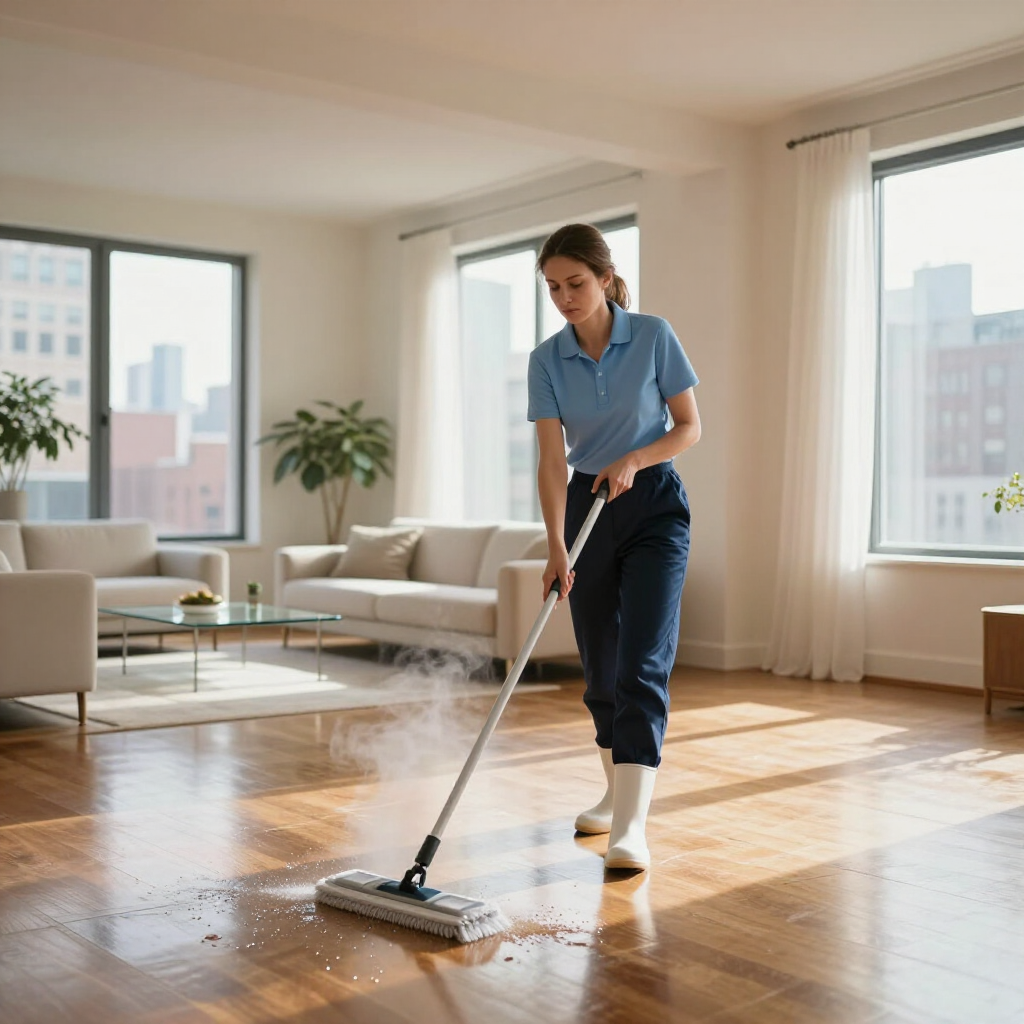 Person mopping a sunlit hardwood floor in a modern living room