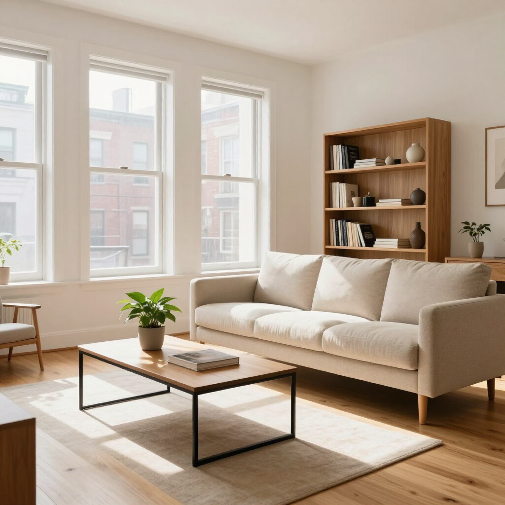 Bright living room with a beige sofa, wooden bookshelf, coffee table, potted plant, and large windows.