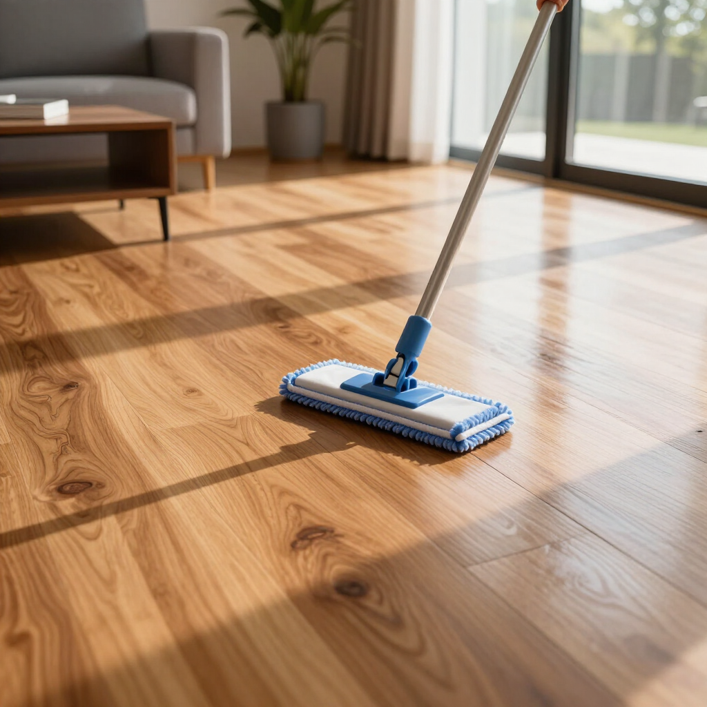 Blue mop cleaning a sunlit hardwood floor in a modern living room