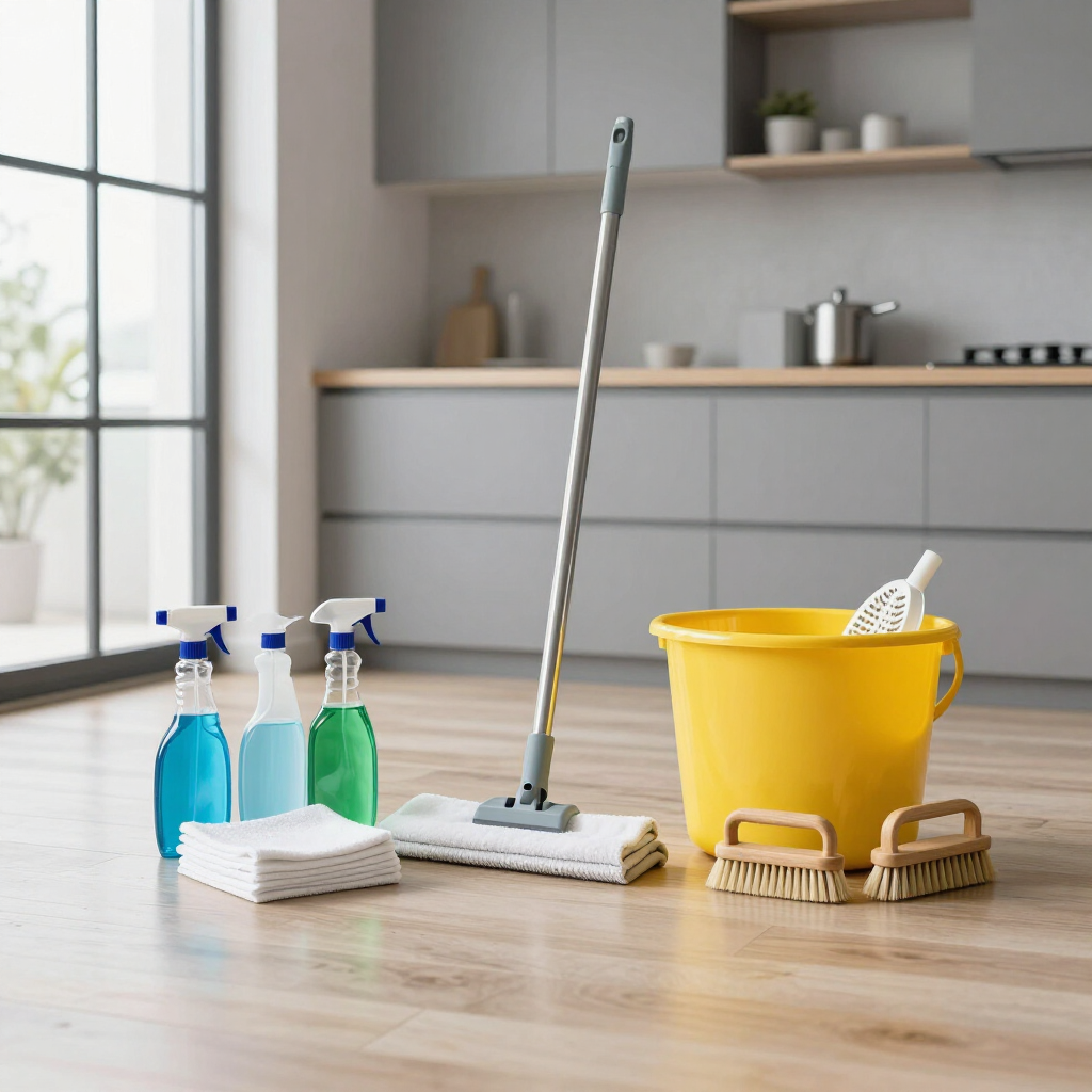 Cleaning supplies on a kitchen floor: spray bottles, cloths, mop, yellow bucket, and brush.