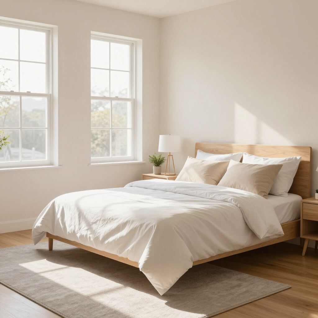 Bright bedroom with a neatly made bed, white bedding, and two windows on a sunlit wall